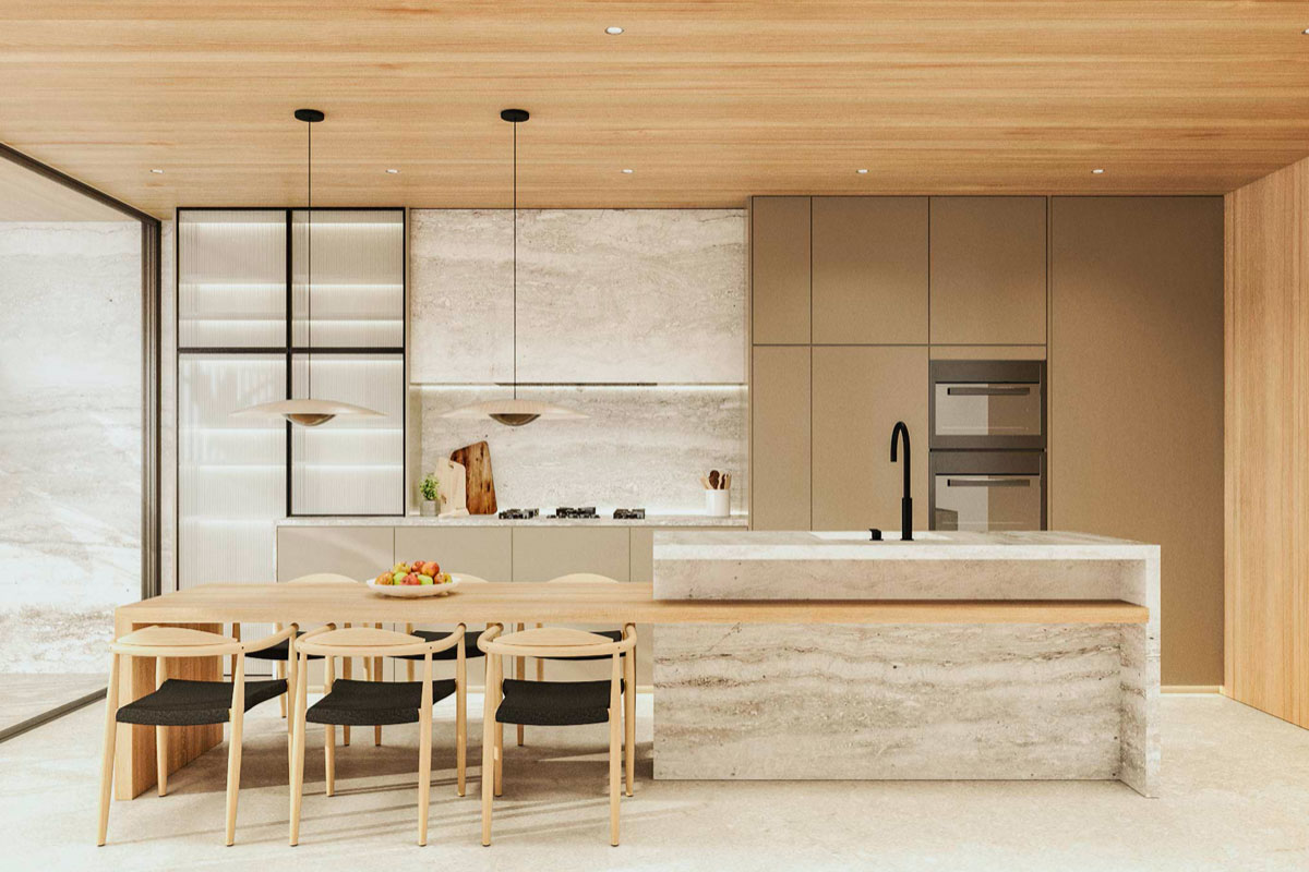 kitchen design with island and dining table attached
